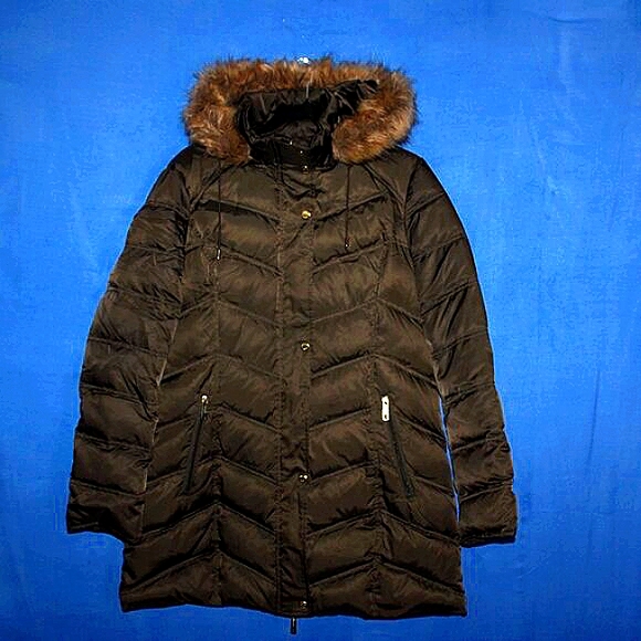 Kenneth Cole Long Puffer Coat Faux Fur Hood Dark Olive L - Picture 1 of 10